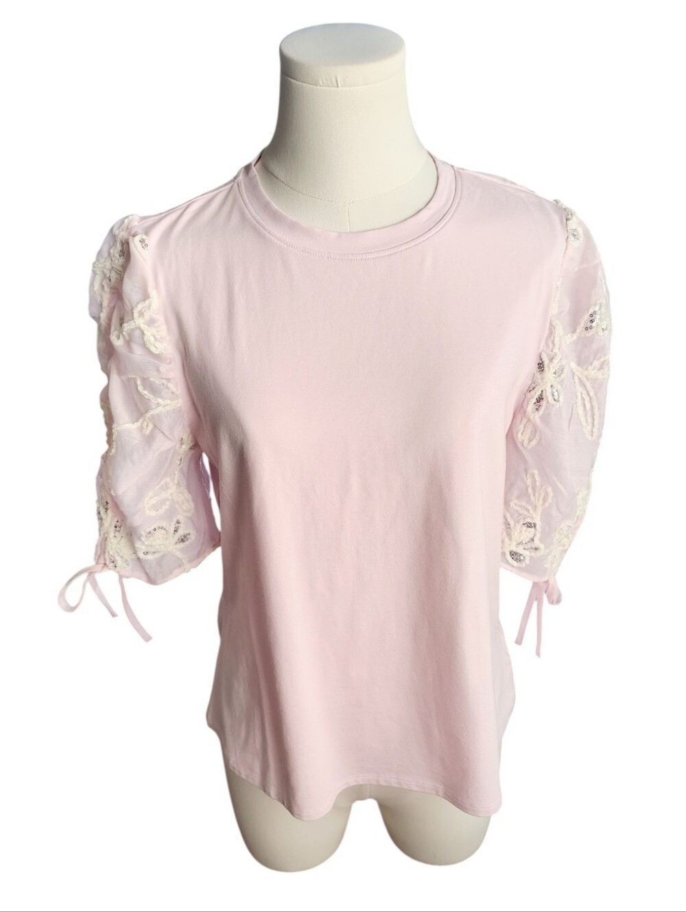 Nicole Miller Ice Pink Embroidered Sequined Floral Puffy Sleeve Top Size Medium